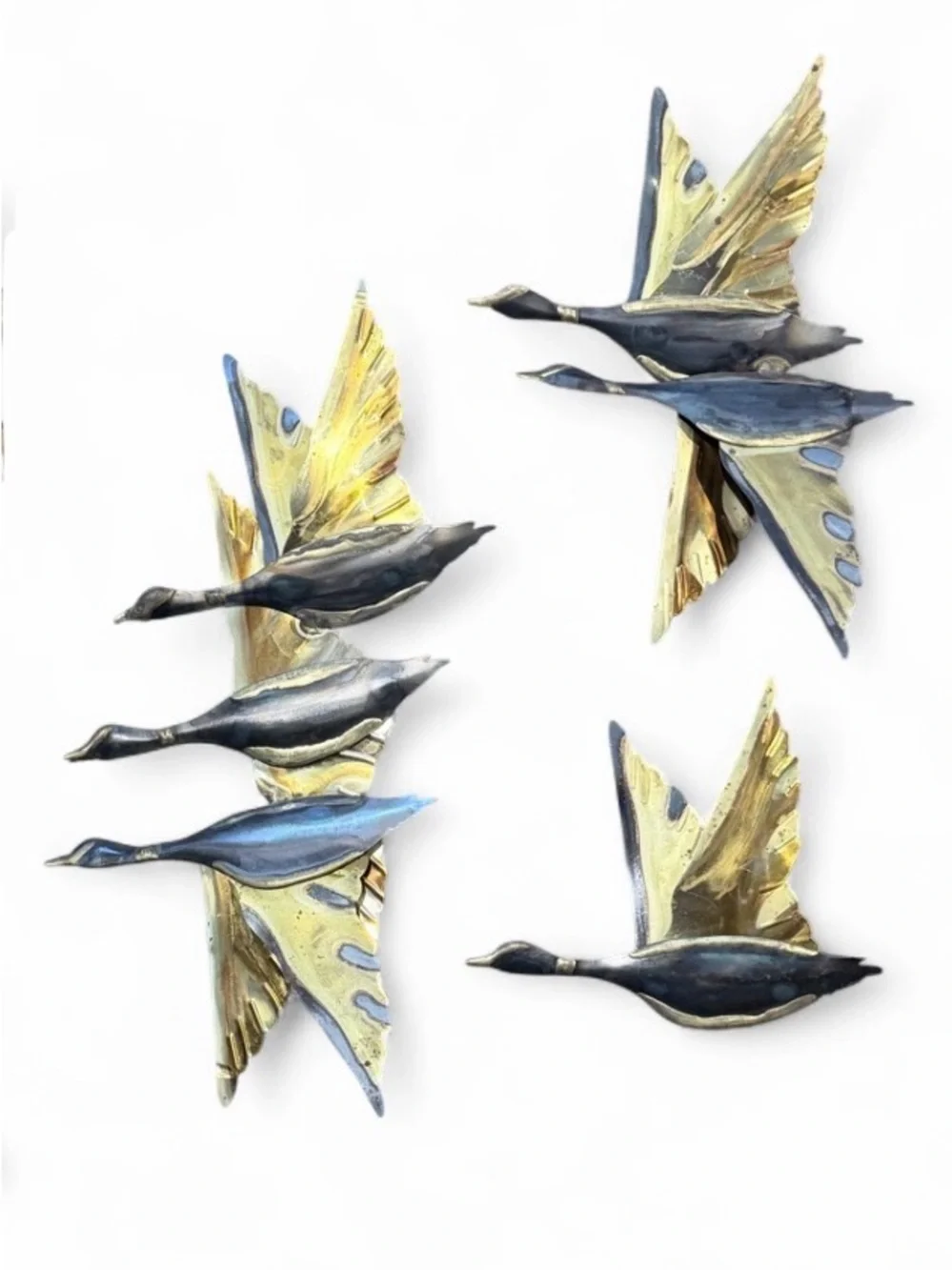 VTG 60s MCM Brutalist Mixed Metal Wall Art Set - 3 Flying Geese & 3 Oak Leaves